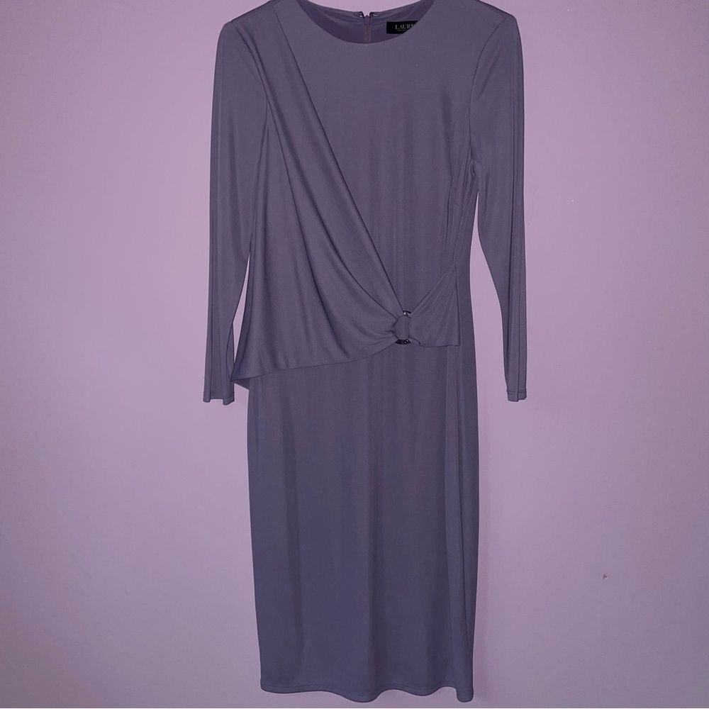 NEW Ralph Lauren Size 6 Dress Midi Lilac Purple Wrap Front 3/4 Sleeve High Neck
